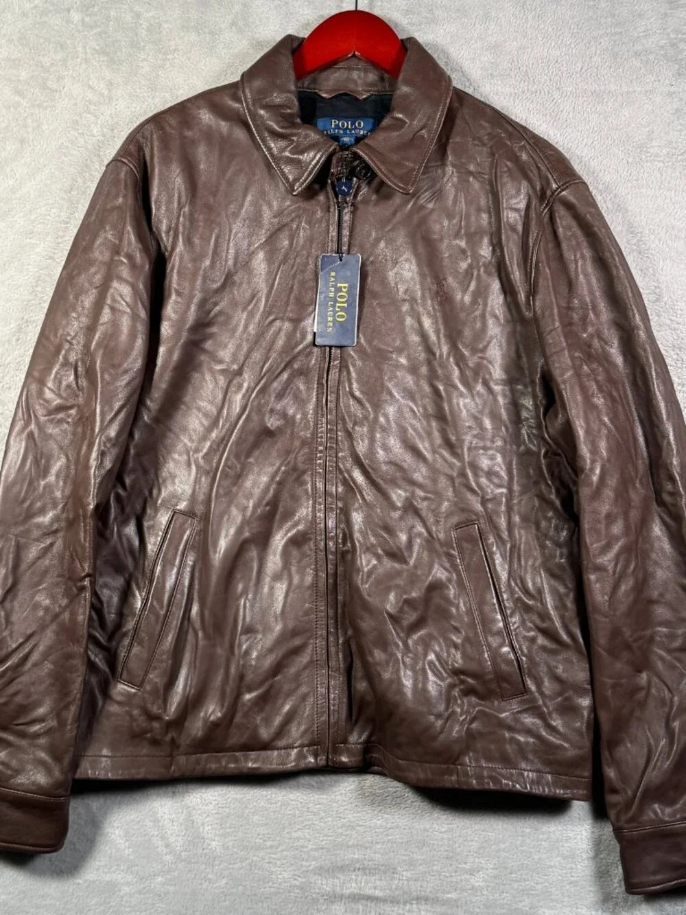 Polo Ralph Lauren Leather Jacket Mens M Brown Full Zip Plaid Lined Core Replen